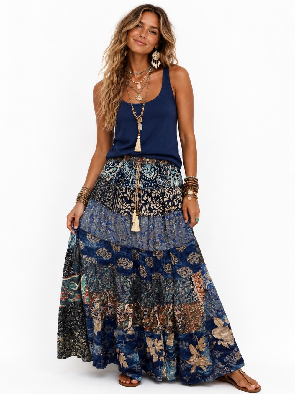 37. Boho Patchwork Sari Silk Maxi Skirt Festival Hippie Gypsy One Size India